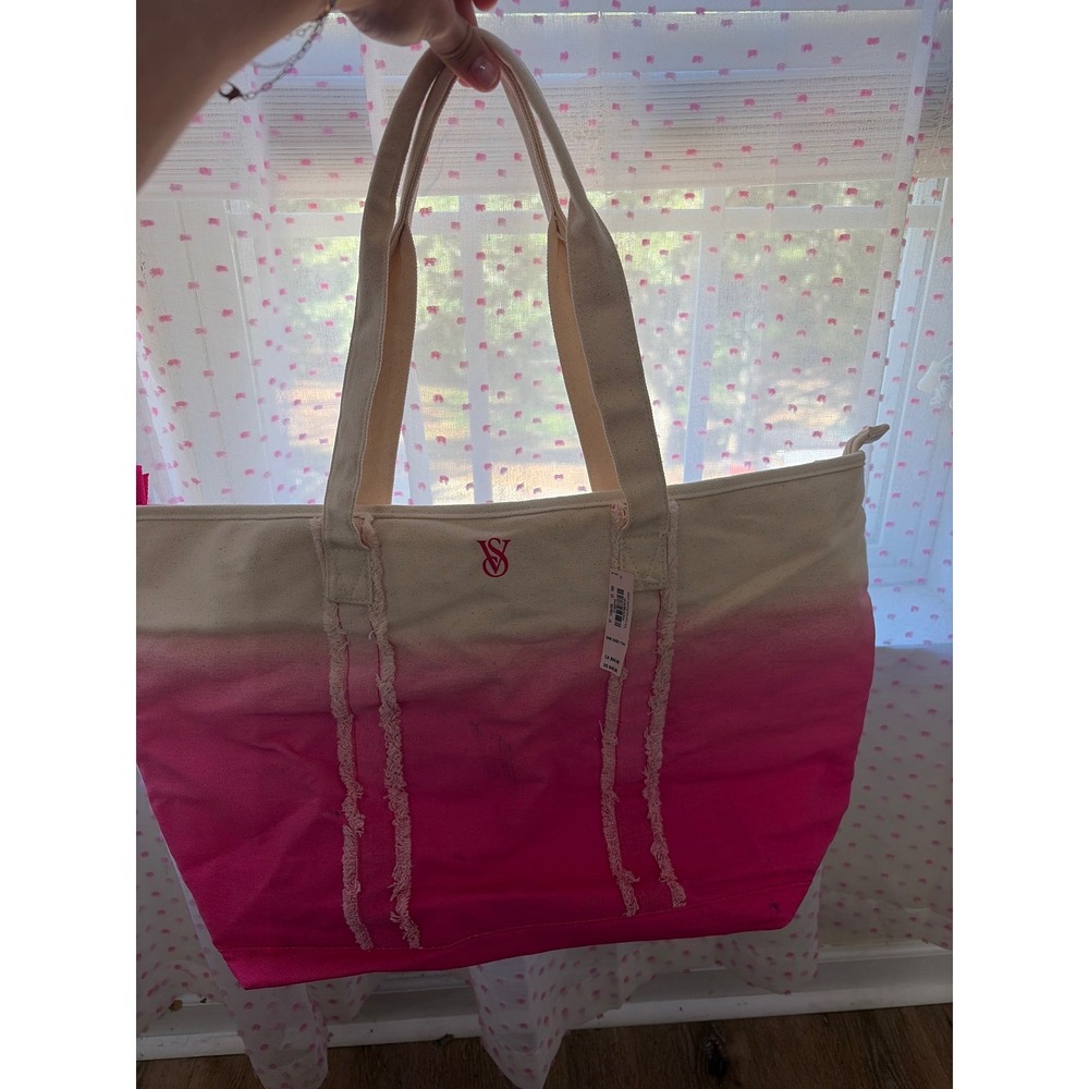Victoria's Secret Pink Ombre Canvas Tote Bag NWT Zip Top Beach Travel Bag